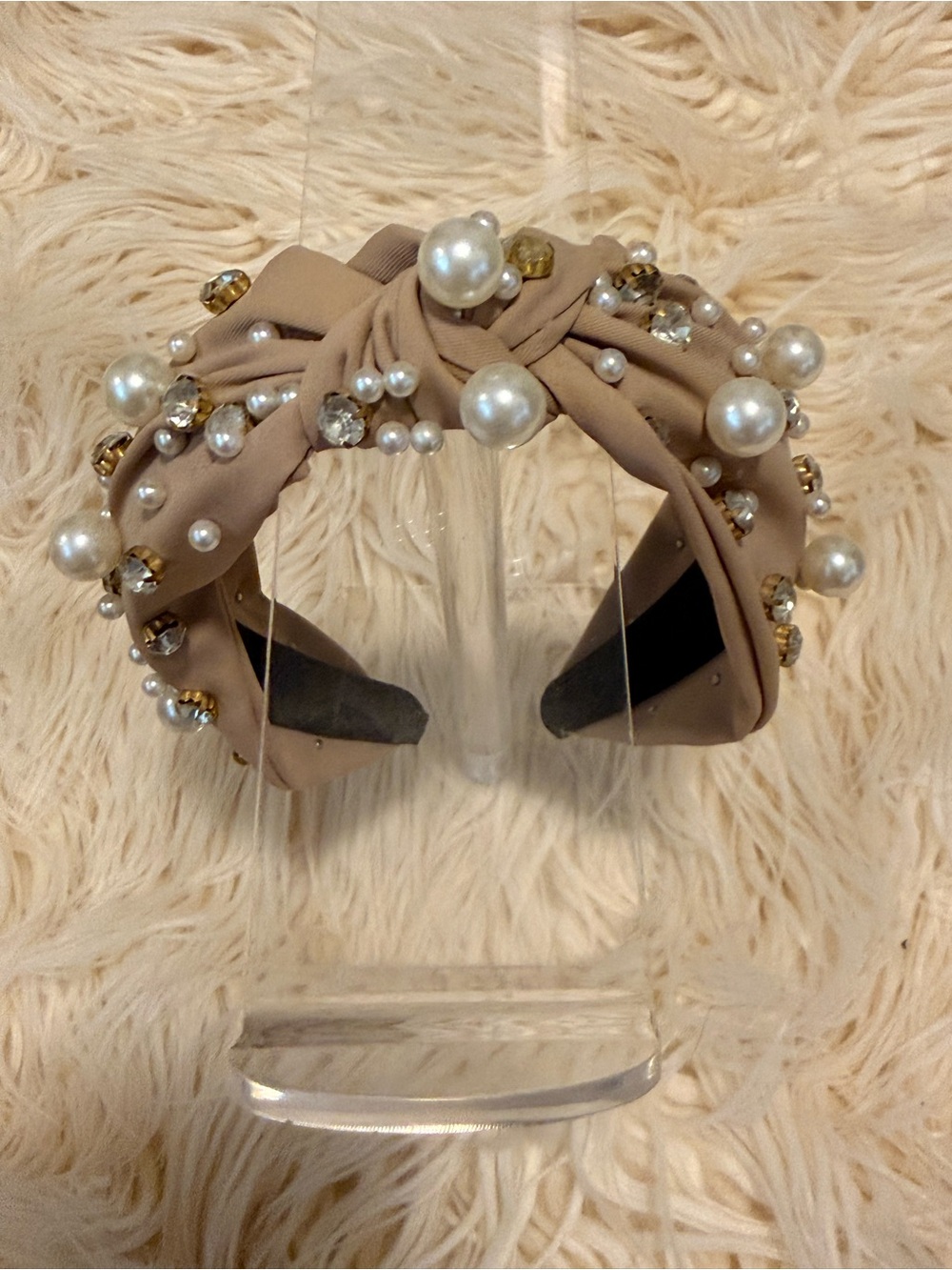 Beige  rhinestone and pearl embellished headband